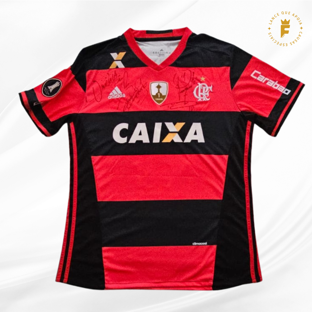 Camisa oficial do Flamengo 2016-2017, vers jogador, autografada Vini Jr, Guerrero, Paquetá e Diego