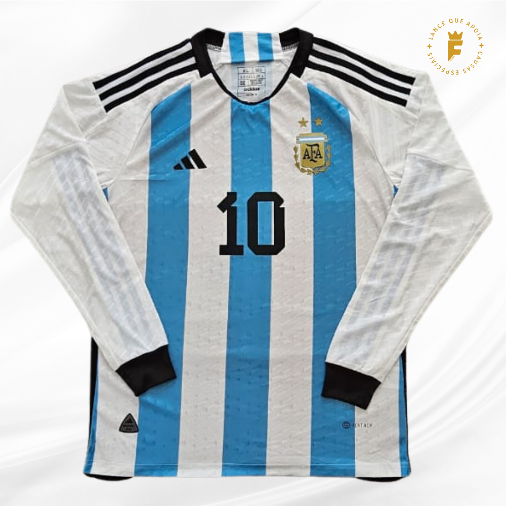 Camisa Argentina 2022, vers jogador autografada Messi