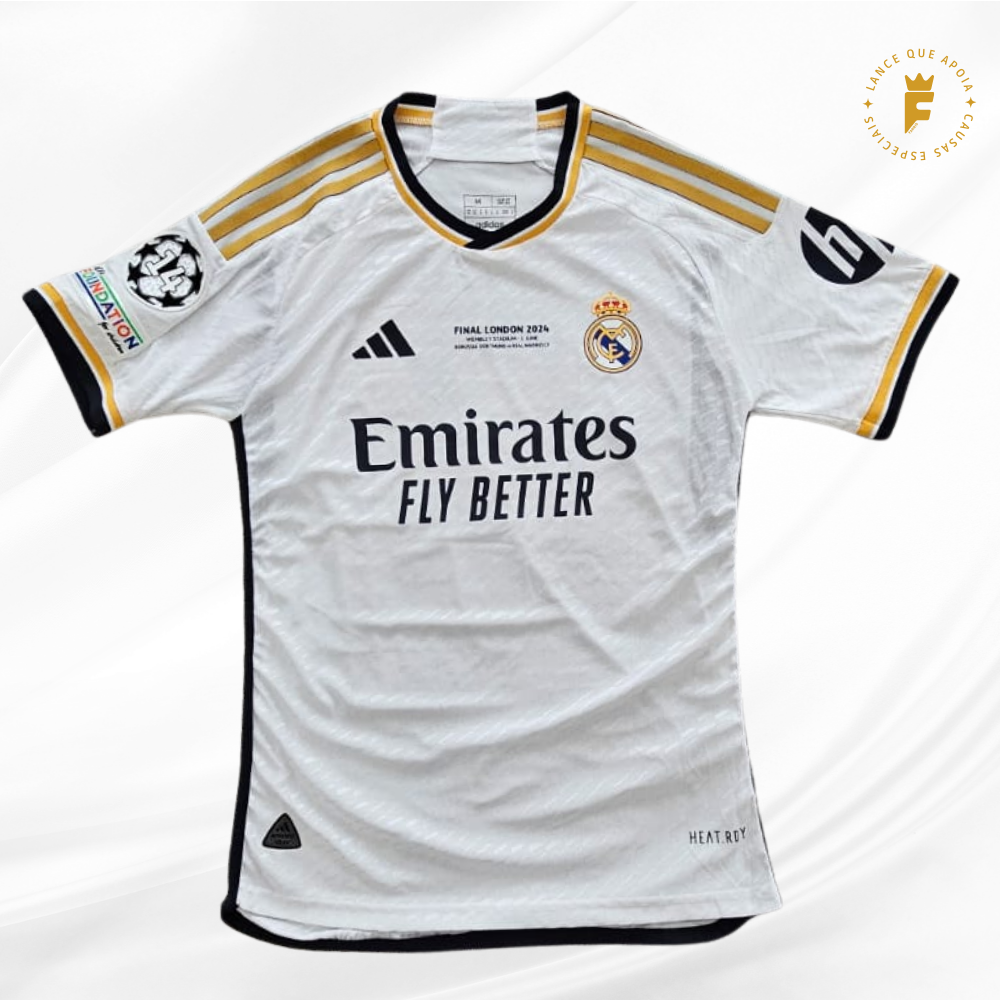 Camisa Real Madrid, vers de jogador, Final UEFA Champions League 2023/24, autografada Vini Jr.
