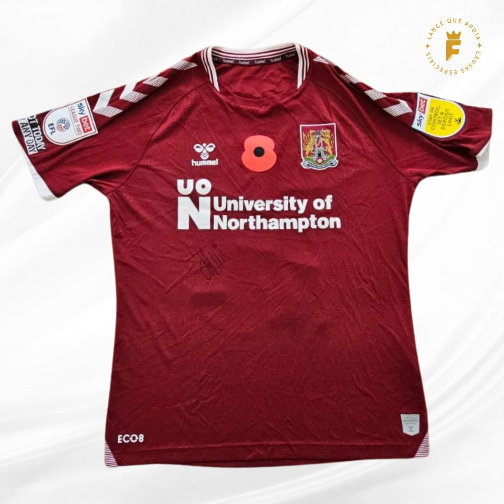 Camisa Northampton Town 2021-22 vers jogo Premiership, Jordan Flores autografada