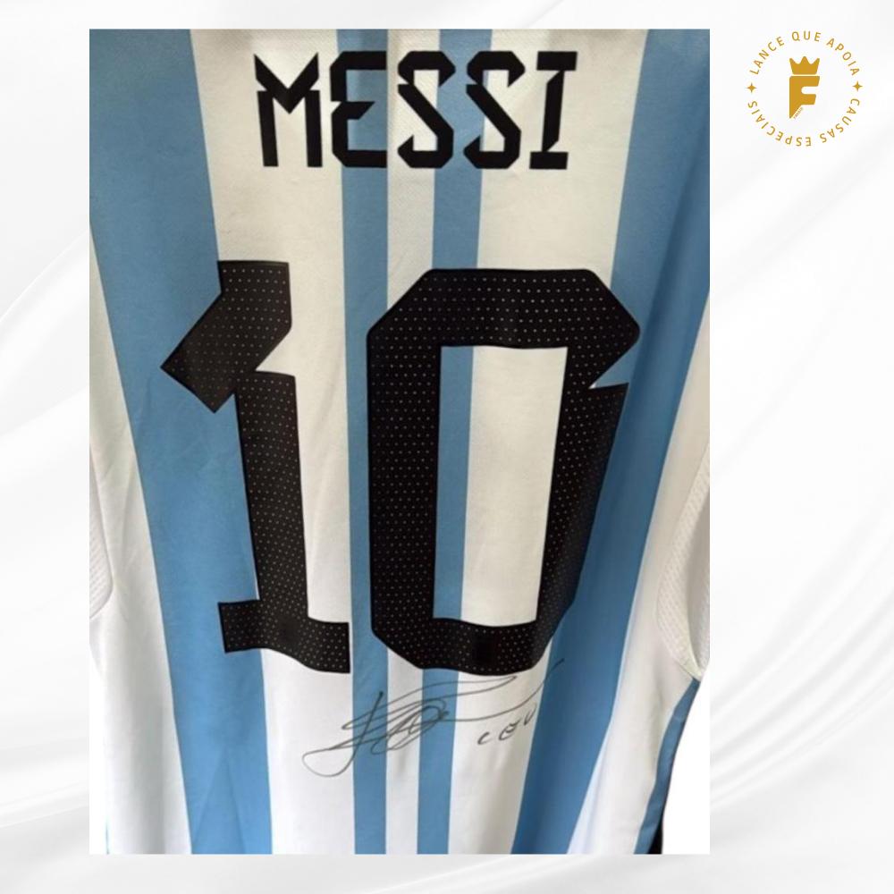 Camisa Argentina preparada para a final da Copa do Mundo de 2022, autografada Messi