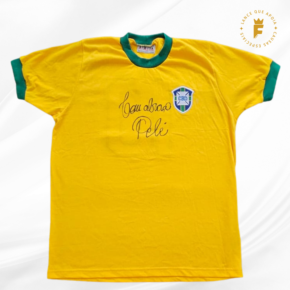 Camisa reedição do tri Seleção Brasileira Copa de 1970, amarela, licenciada Athleta autografada Pelé.