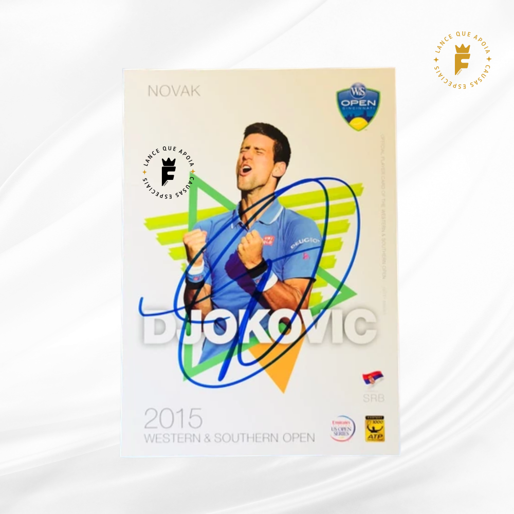 Card promo e copo Open da Beleza, card autografado Novak Djokovic