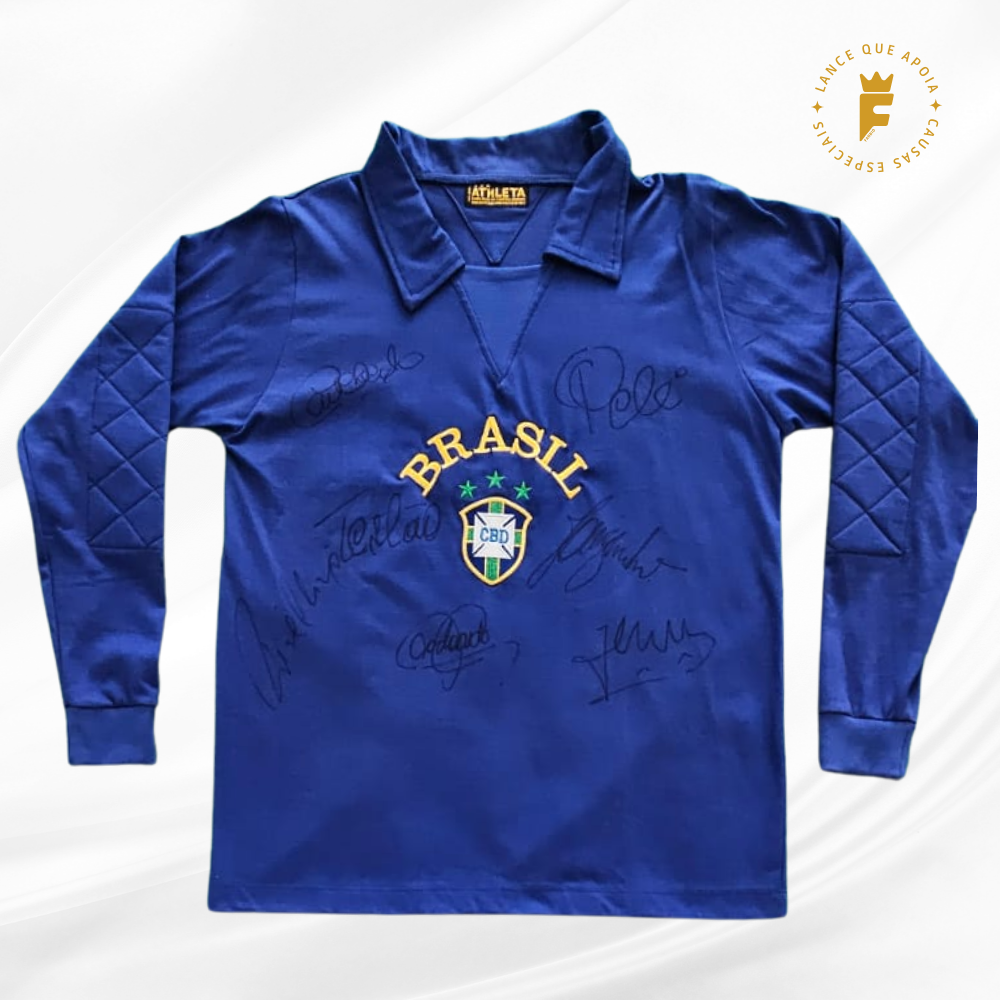 Camisa Brasil 1974 primeira reedição de 2010, goleiro, autografada 7 campeões do tricampeonato da seleção na Copa do Mundo 1970