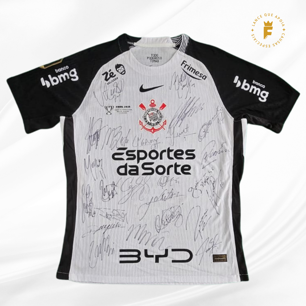 Camisa Corinthians final Copa do Brasil 2025 vers jogador, autografada elenco campeão Paulista, Copa do Brasil e Supercopa Rei