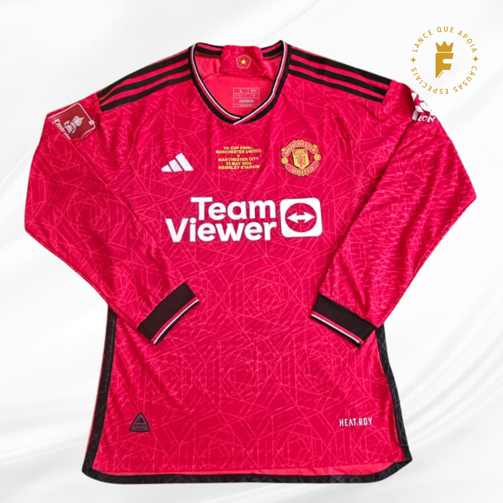 Camisa Manchester United 2023-24 Final FA CUP Campeão, N17, de jogo/preparada, autografada Garnacho