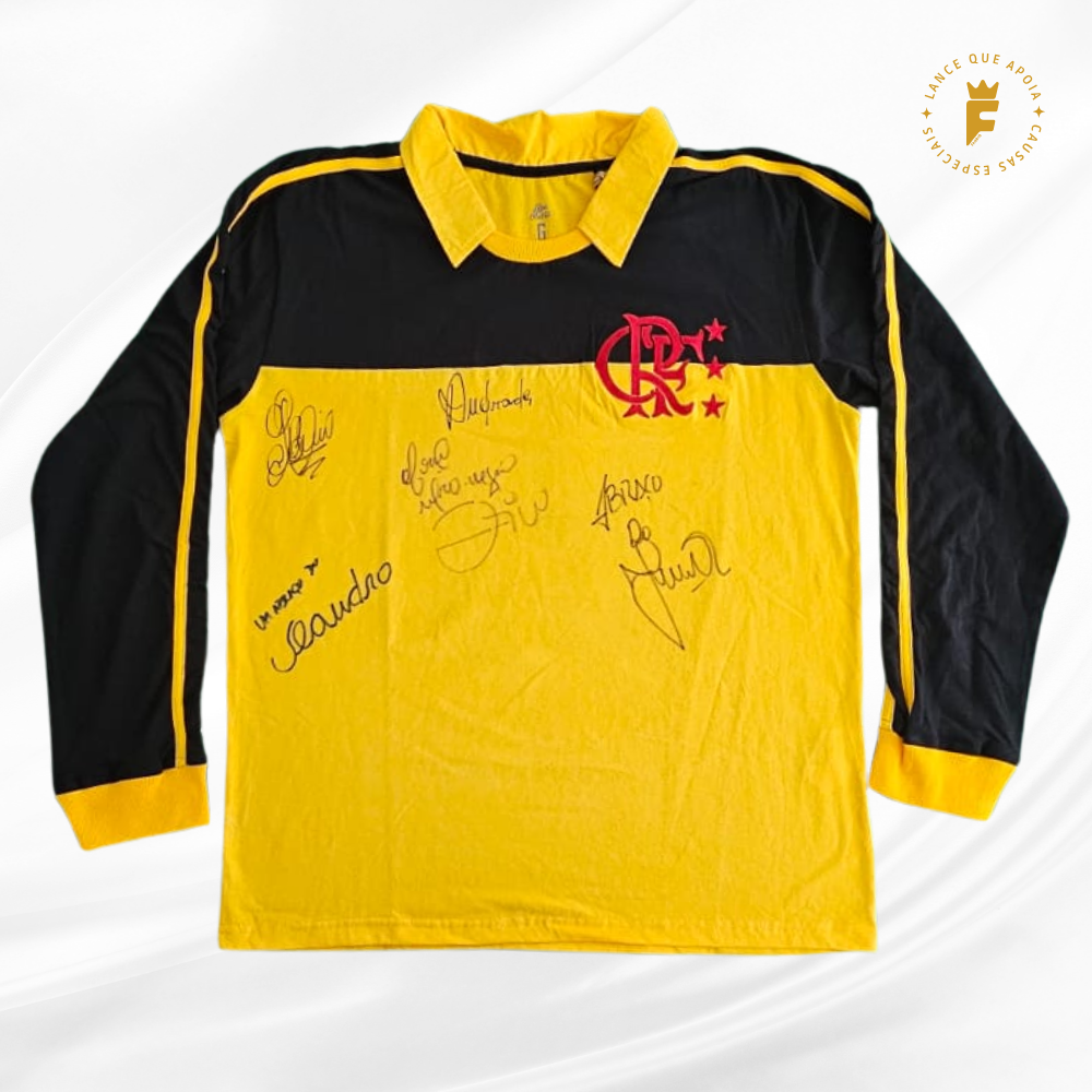 Camisa Flamengo 1981-1982 retrô goleiro N1, autografada campeões Adilio, Andrade, Junior, Leandro e Zico
