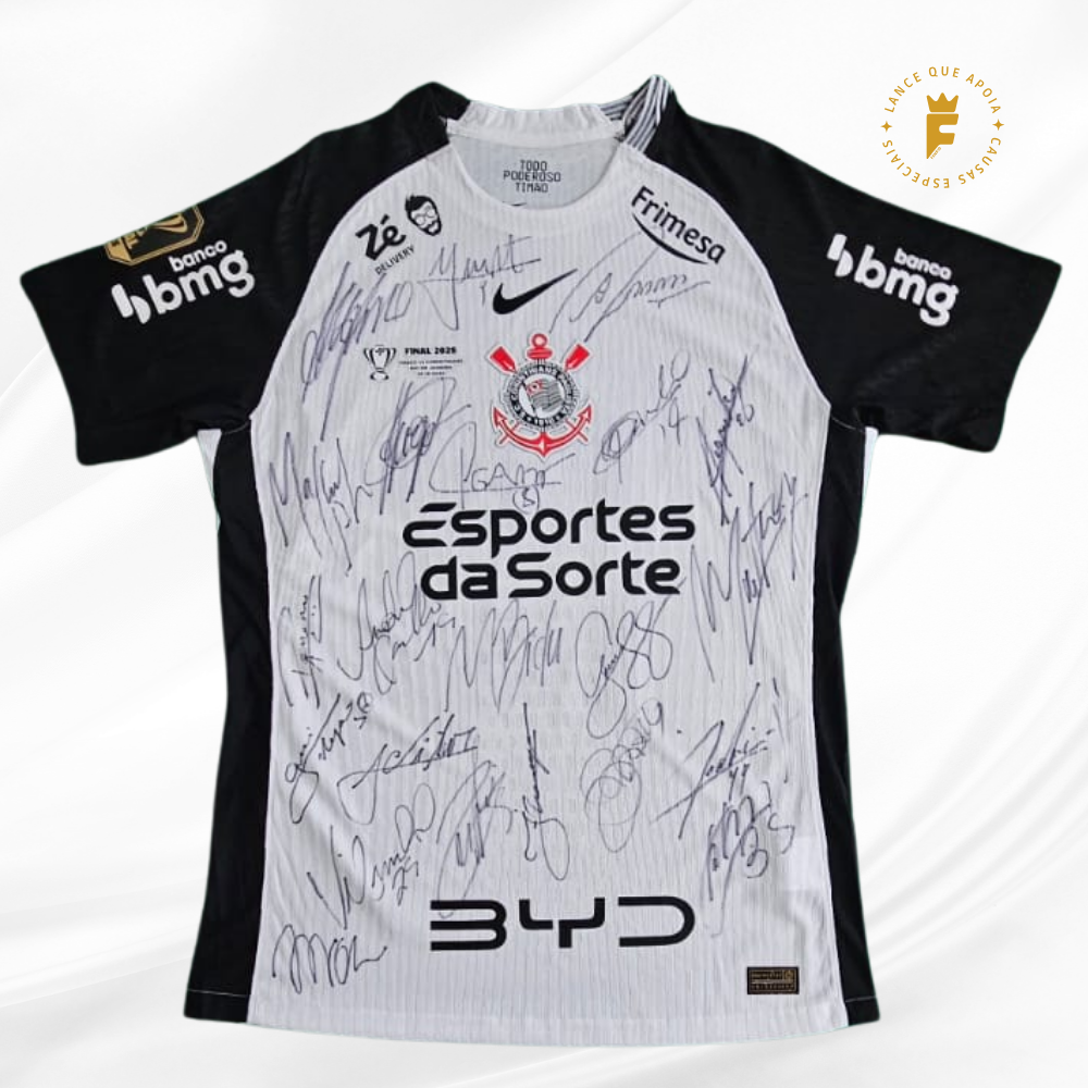 Camisa Corinthians final Copa do Brasil 2025 vers jogador, autografada elenco campeão Paulista, Copa do Brasil e Supercopa Rei