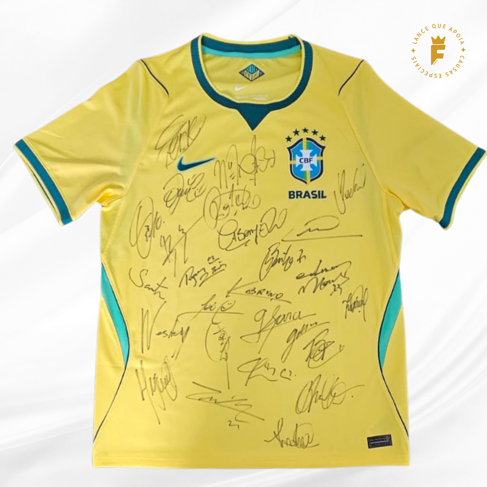Camisa Brasil 2026-27, autografada elenco amistosos e técnico Ancelotti
