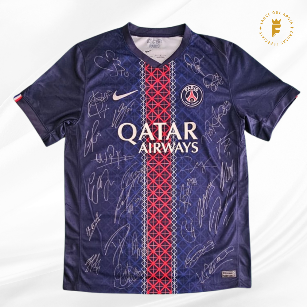 Camisa Paris Saint-Germain PSG 2025- 26, vers torcedor, autografada elenco bicampeão da UEFA Champions League