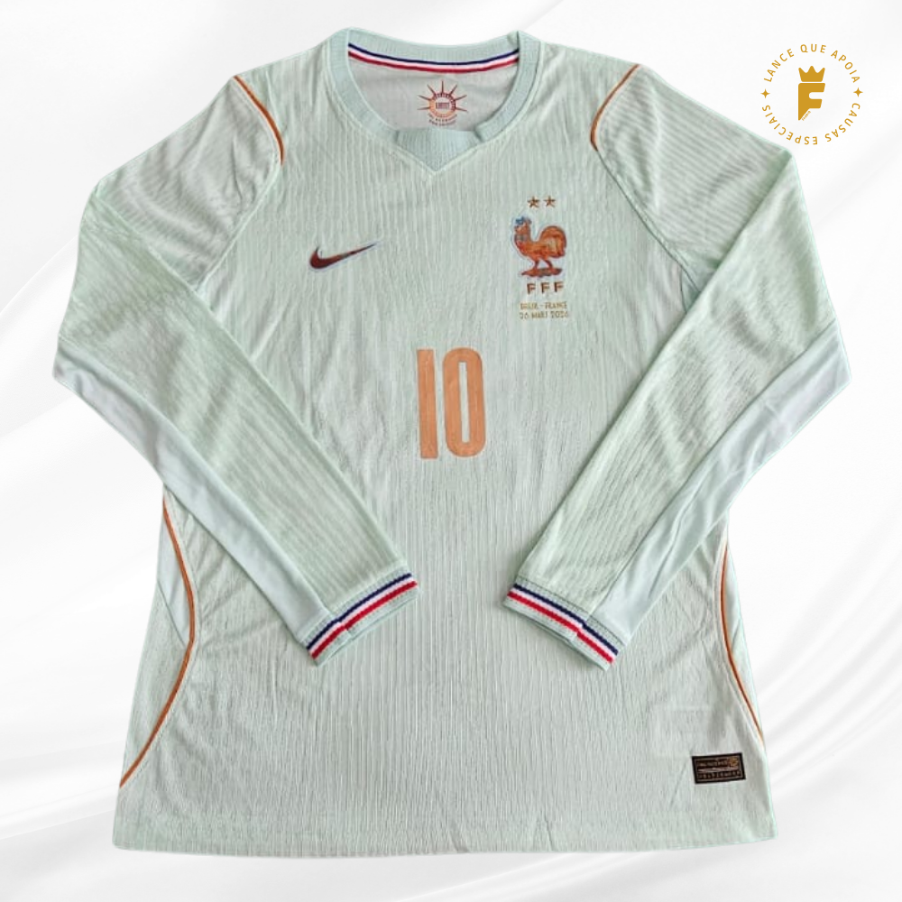 Camisa França, versão jogador, N10, amistoso contra o Brasil 26/03/26, autografada Mbappé