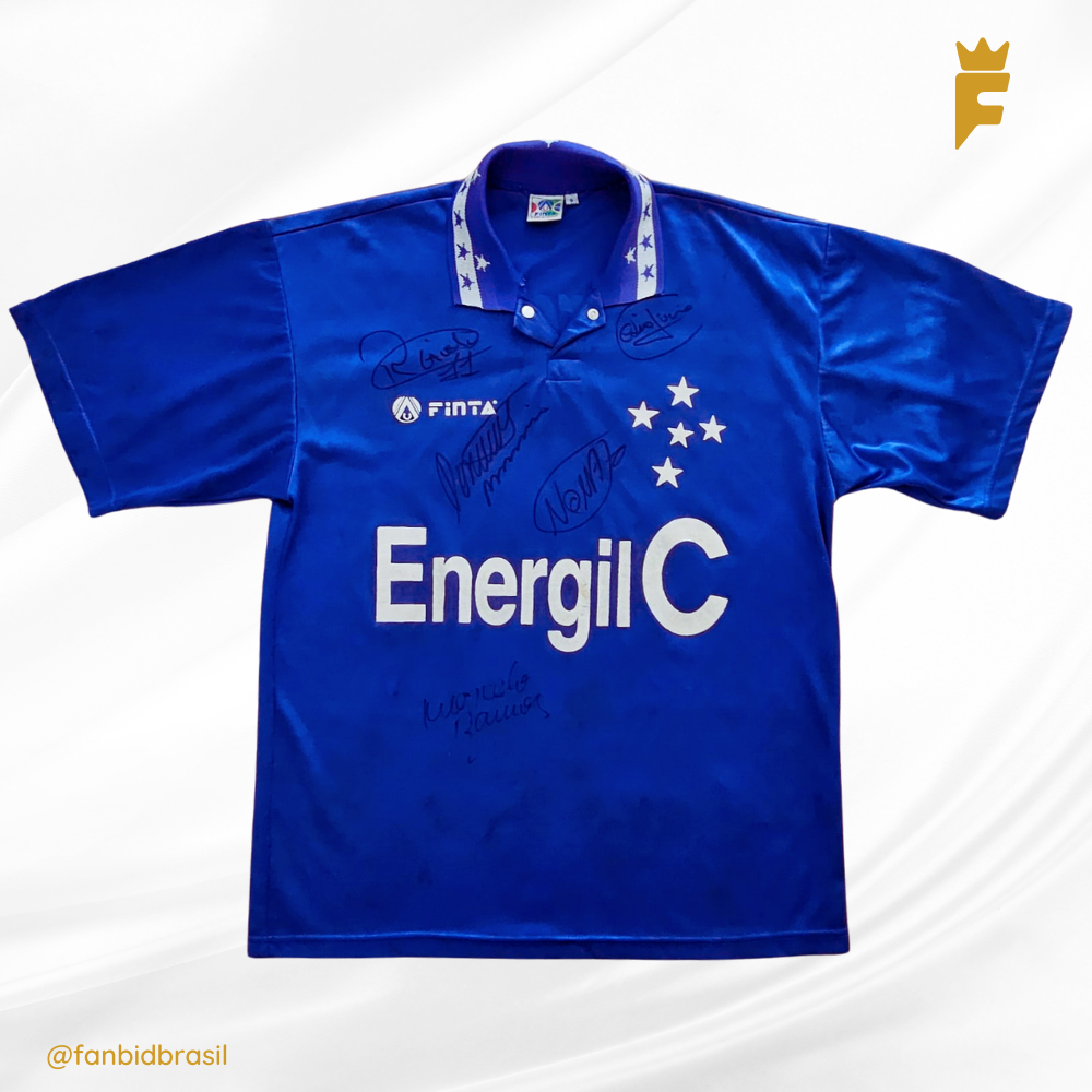 Camisa oficial do Cruzeiro 1995/1996, autografada por 5 craques, usada em jogo.