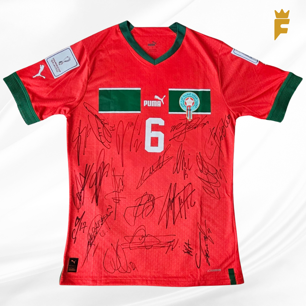 Camisa Marrocos Copa do Mundo 2022, vers preparada jogo, autografada todo elenco campanha histórica.