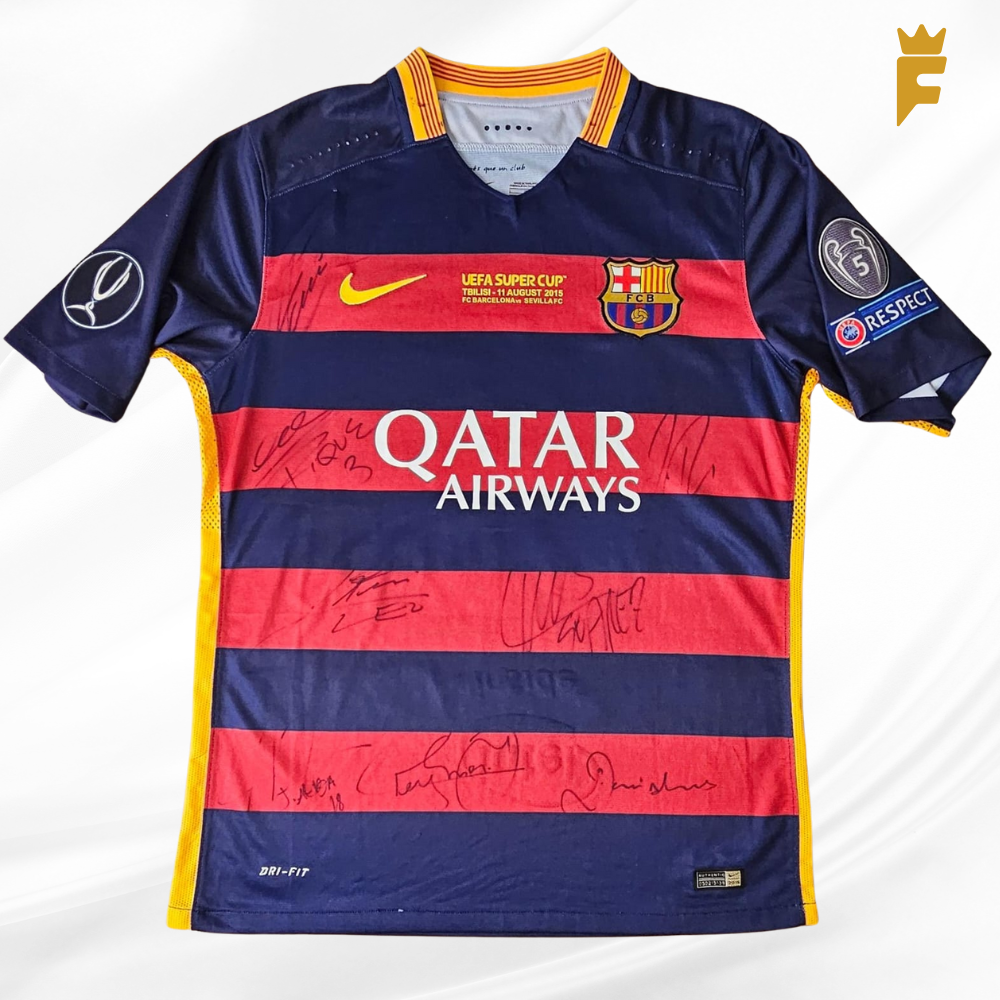 Camisa Barcelona 2014/15,  de jogo/usada final UEFA Super Cup, autografada trio MSN mais 5 jogadores campeões Tríplice coroa La Liga, Champions League, Copa del Rey,  UEFA Super Cup e Mundial de Clubes 2015.