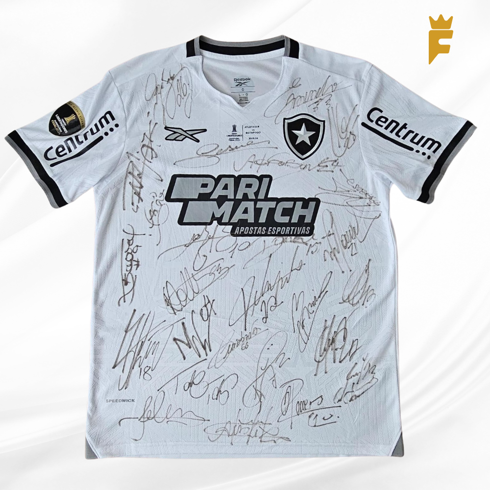 Camisa Botafogo 2024, vers jogo/preparada, N.7 final da Libertadores, autografada todo elenco campeão da Libertadores e Brasileirão.