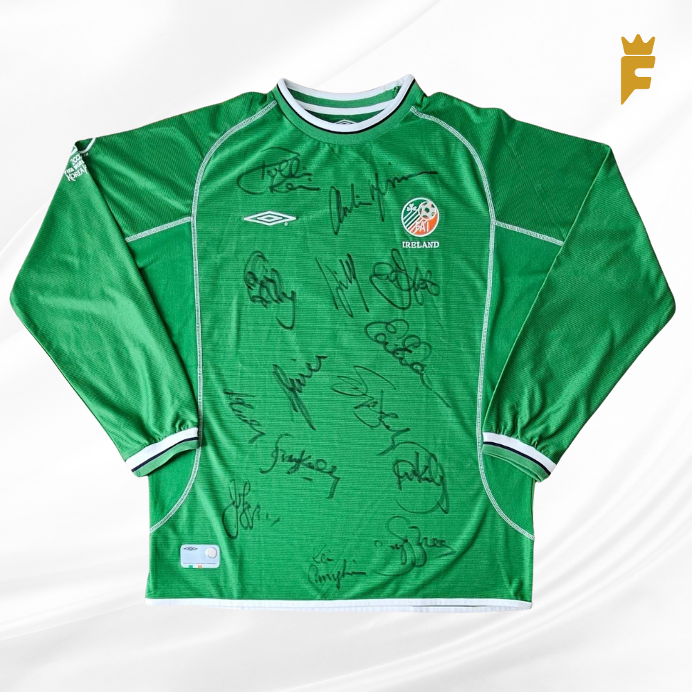 Camisa oficial da Irlanda Copa Do Mundo 2002 autografada 14 jogadores do elenco