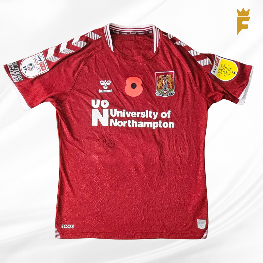 Camisa Northampton Town F.C 2021/22, League Two,  vers de jogo, Flores autografada
