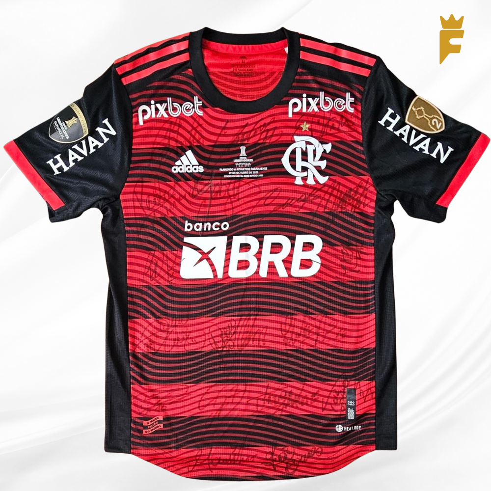 Camisa Flamengo 2022/23, Final Libertadores 22, vers jogo, autografada elenco campeão