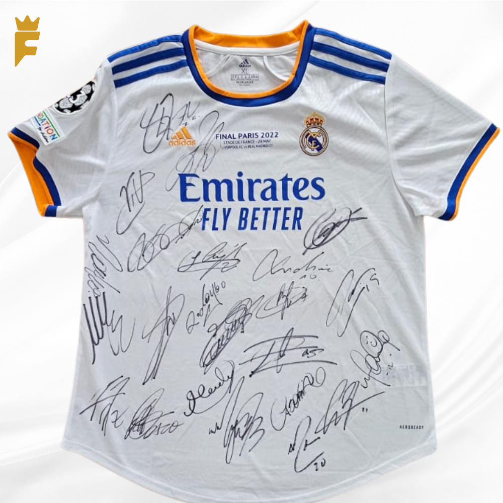 Camisa Real Madrid 21/2022 final Champions League, autografada elenco campeão.
