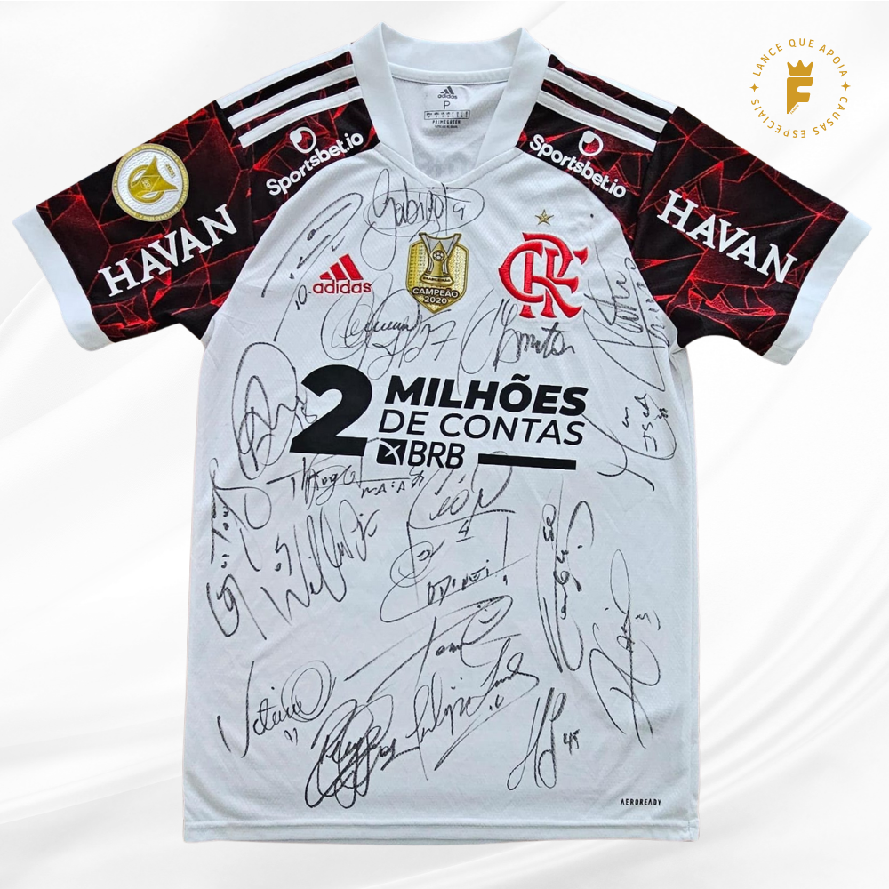 Camisa Flamengo 2021 vers jogo, autografada elenco campeão Supercopa Rei e Carioca 2021